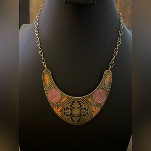 Gold Tone and Multicolored Enamel Floral Theme Bib Necklace